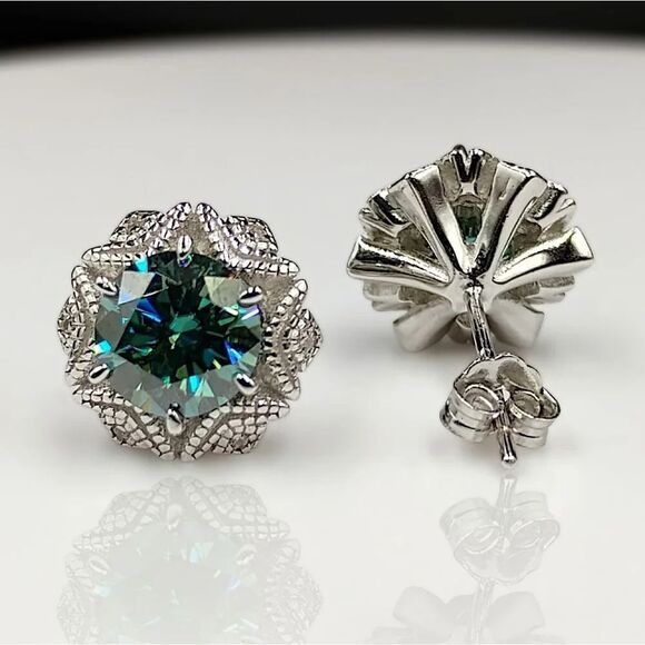 Certified 2ct Blue Green Moissanite Luxury Stud Earrings - Picture 5 of 8